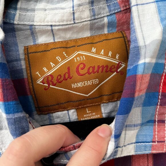 Red Camel Blue Pink Plaid Button Down Shirt Cotton - Large - Picture 4 of 5